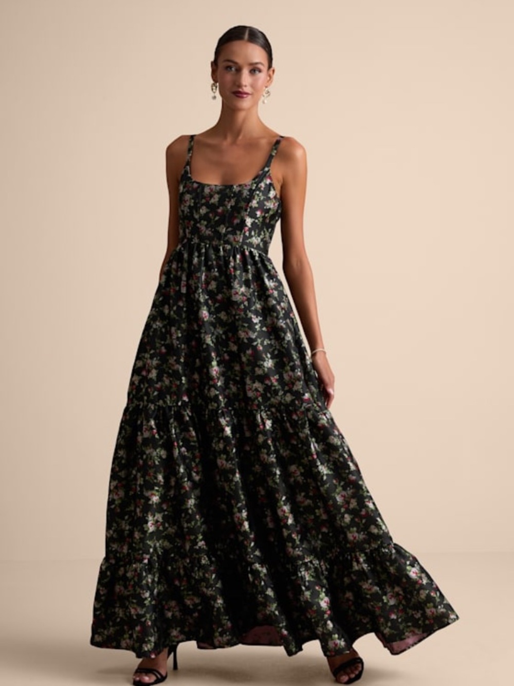 Lulus Avalie Black Floral Tiered Bustier Maxi Dress - Size L